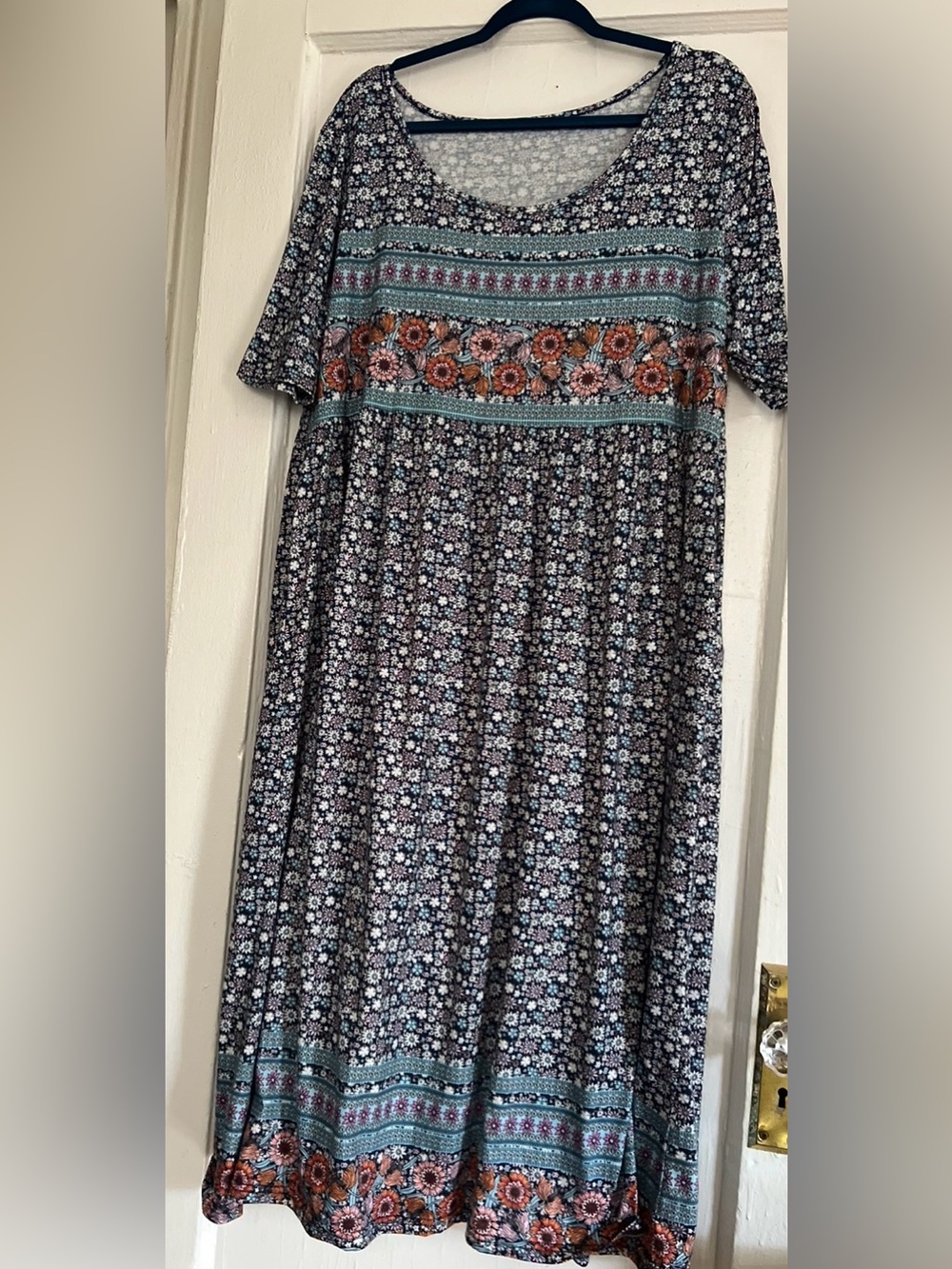 Women's Floral Midi Dress in Navy with Teal and Orange Accents